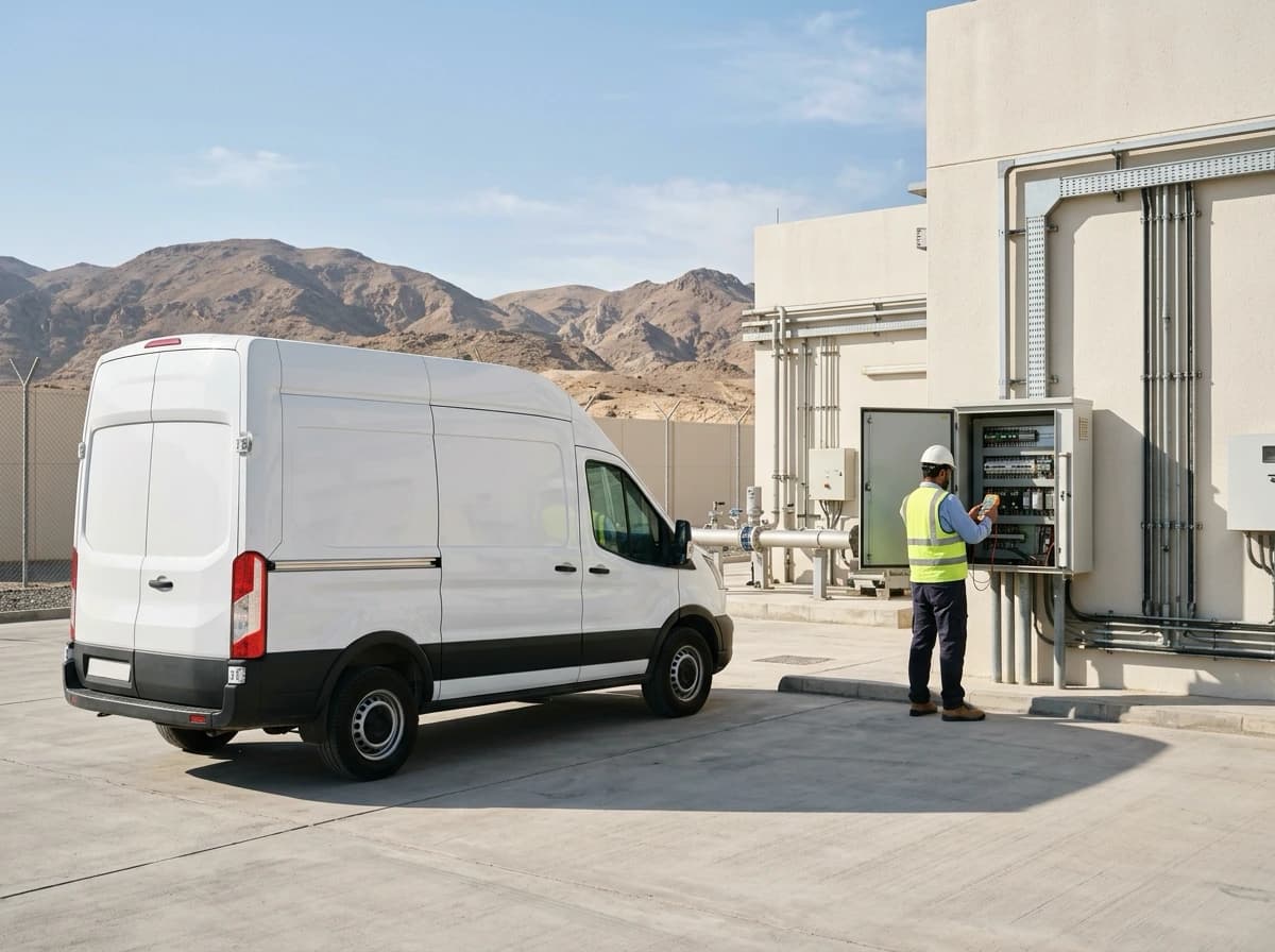 Field service vehicles and technician team at a commercial service facility