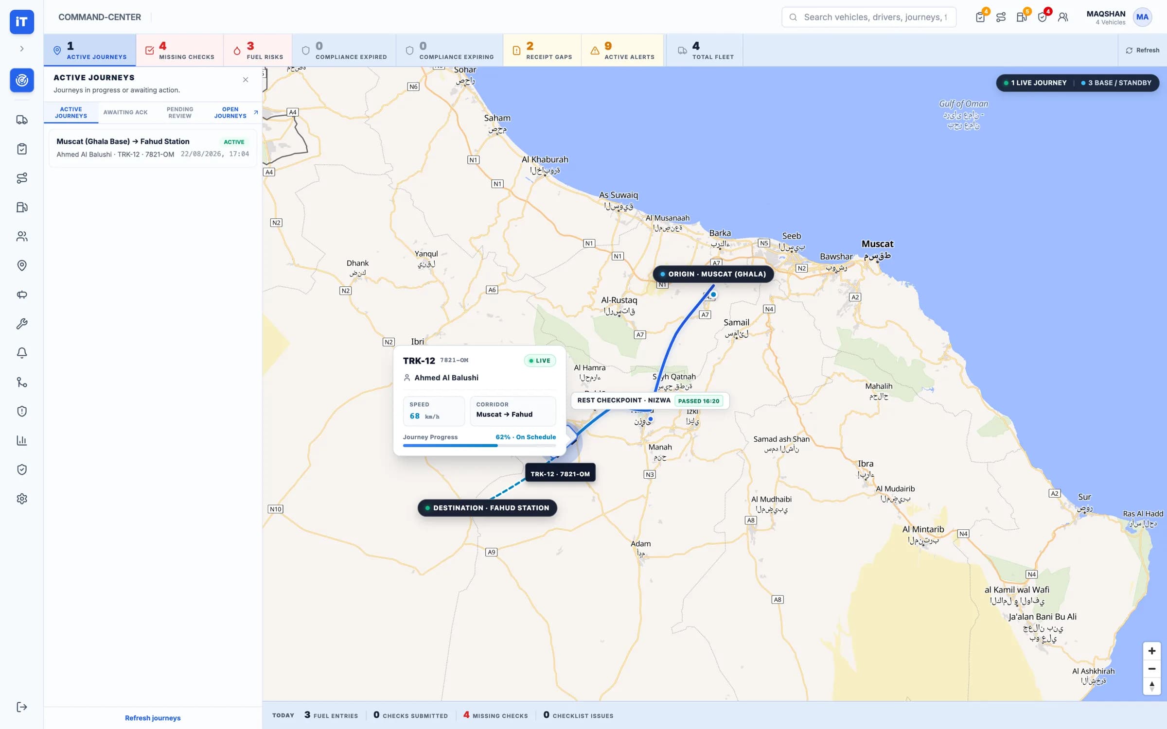 The iTrack command centre tracking an active Muscat to Fahud journey with the live vehicle card open