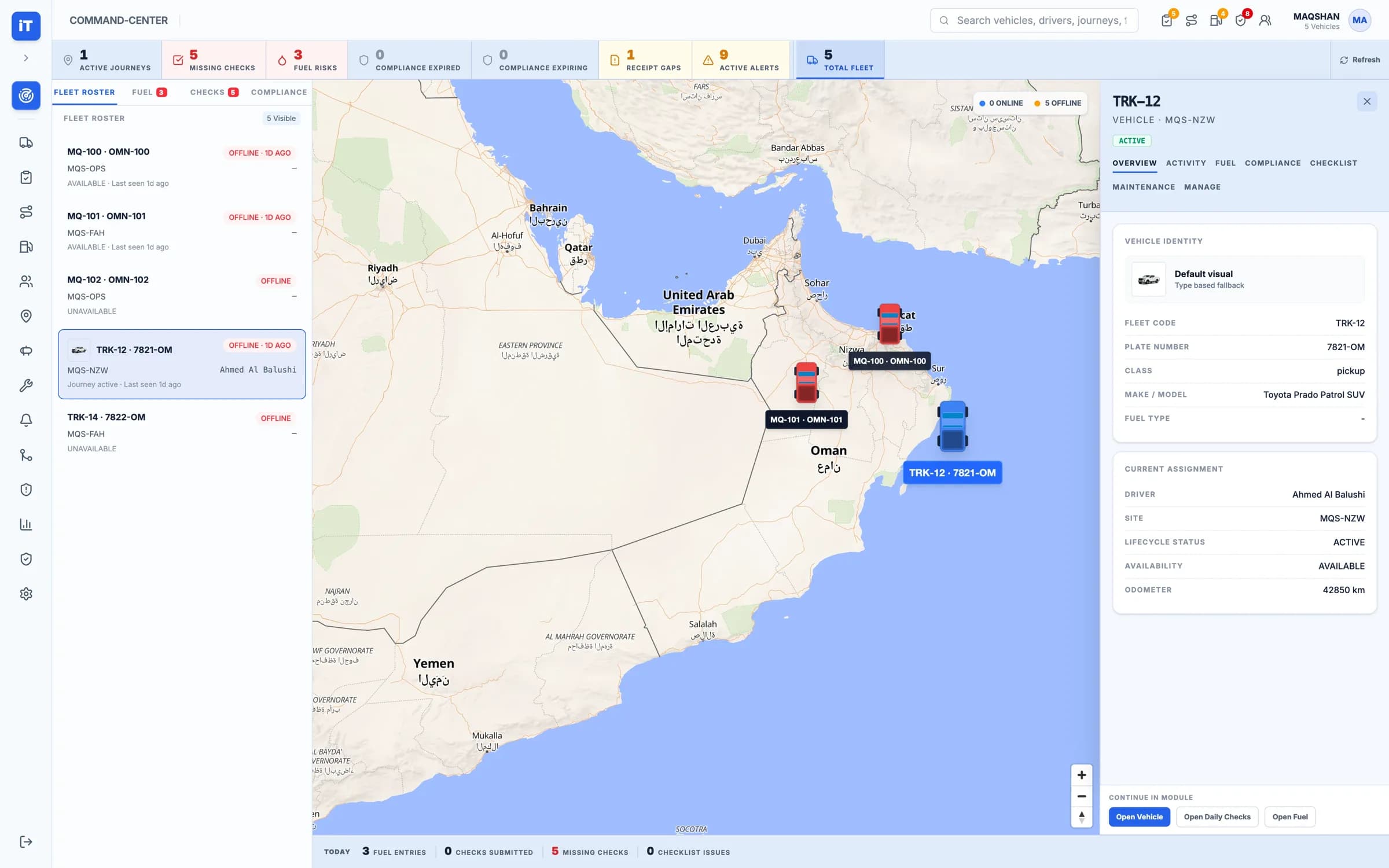 The iTrack command centre with the fleet roster, vehicles on the Oman map and the TRK-12 vehicle inspector open